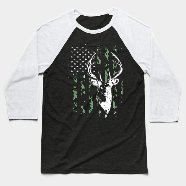 Camouflage American Flag Deer Hunting Baseball T-Shirt by Kiwistore